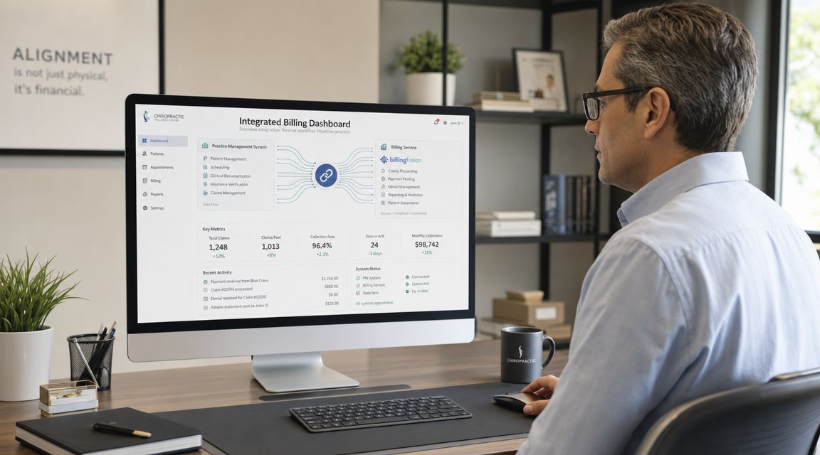 A professional chiropractor sitting at his desk, analyzing a practice management billing dashboard on his computer monitor.