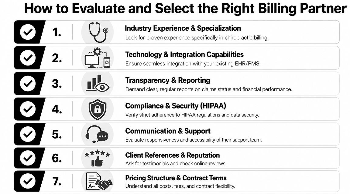 A checklist infographic titled How to Evaluate and Select the Right Billing Partner for chiropractic clinics.