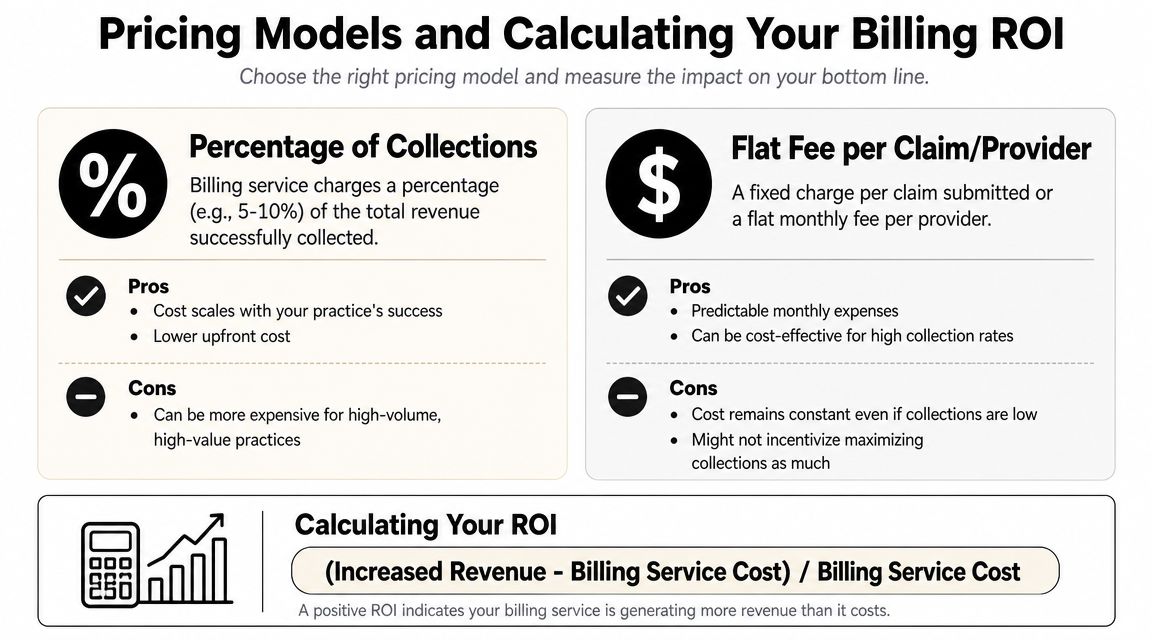A comparison chart outlining billing service pricing models and a formula for calculating return on investment.