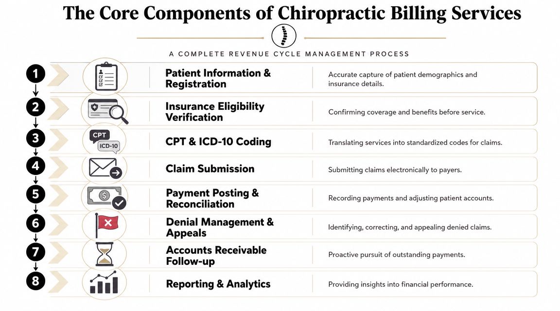 An infographic detailing the eight core components of the chiropractic medical billing and revenue cycle management process.