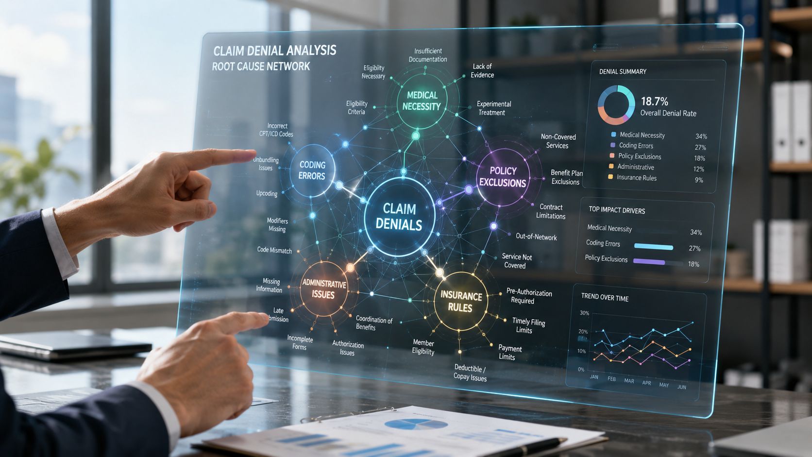 A professional analyzing a digital interface showing a complex claim denial analysis root cause network chart.