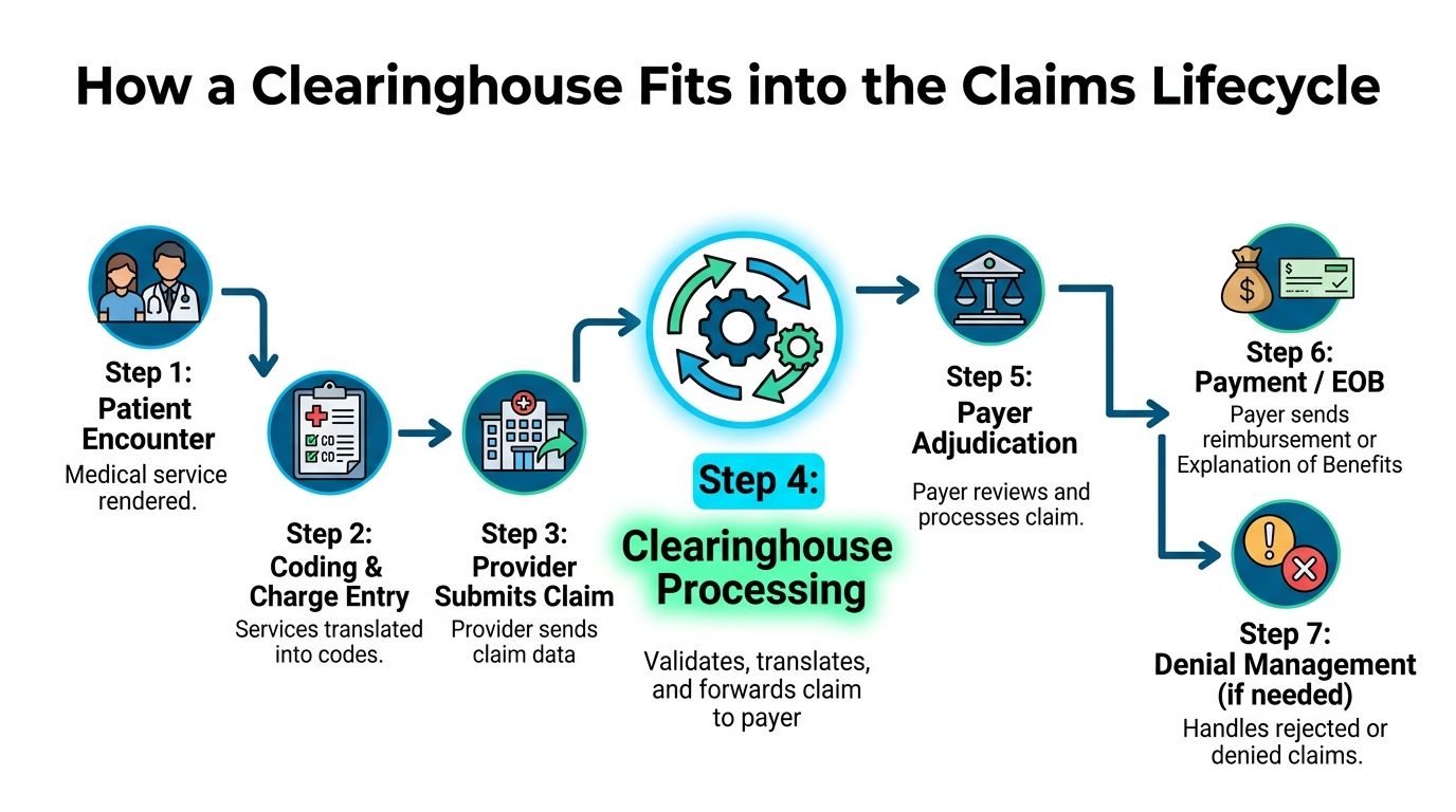 A diagram illustrating the seven-step claims lifecycle in medical billing, featuring the clearinghouse processing stage.