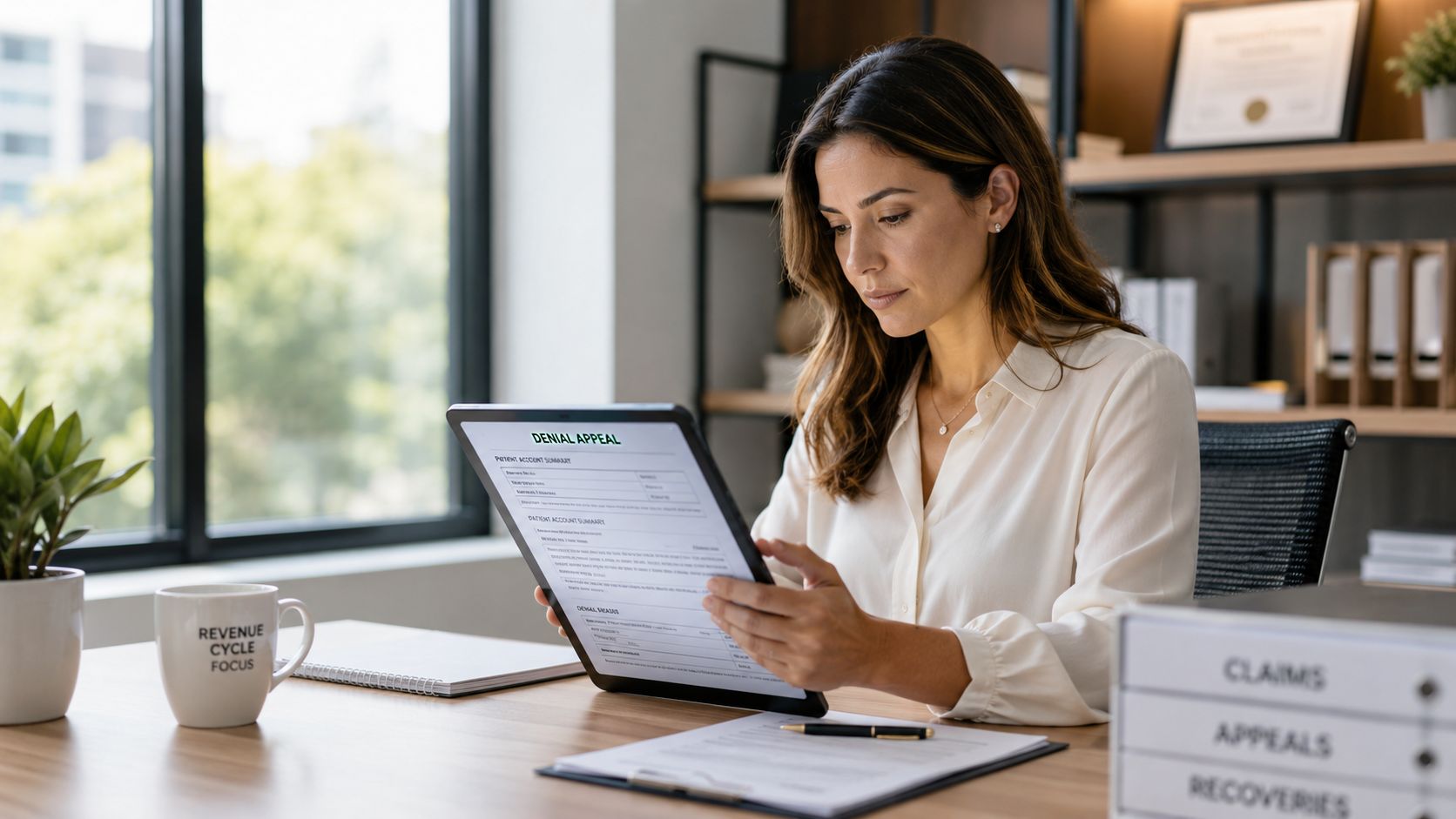 A professional woman in an office setting reviewing a medical denial appeal document on a tablet device.