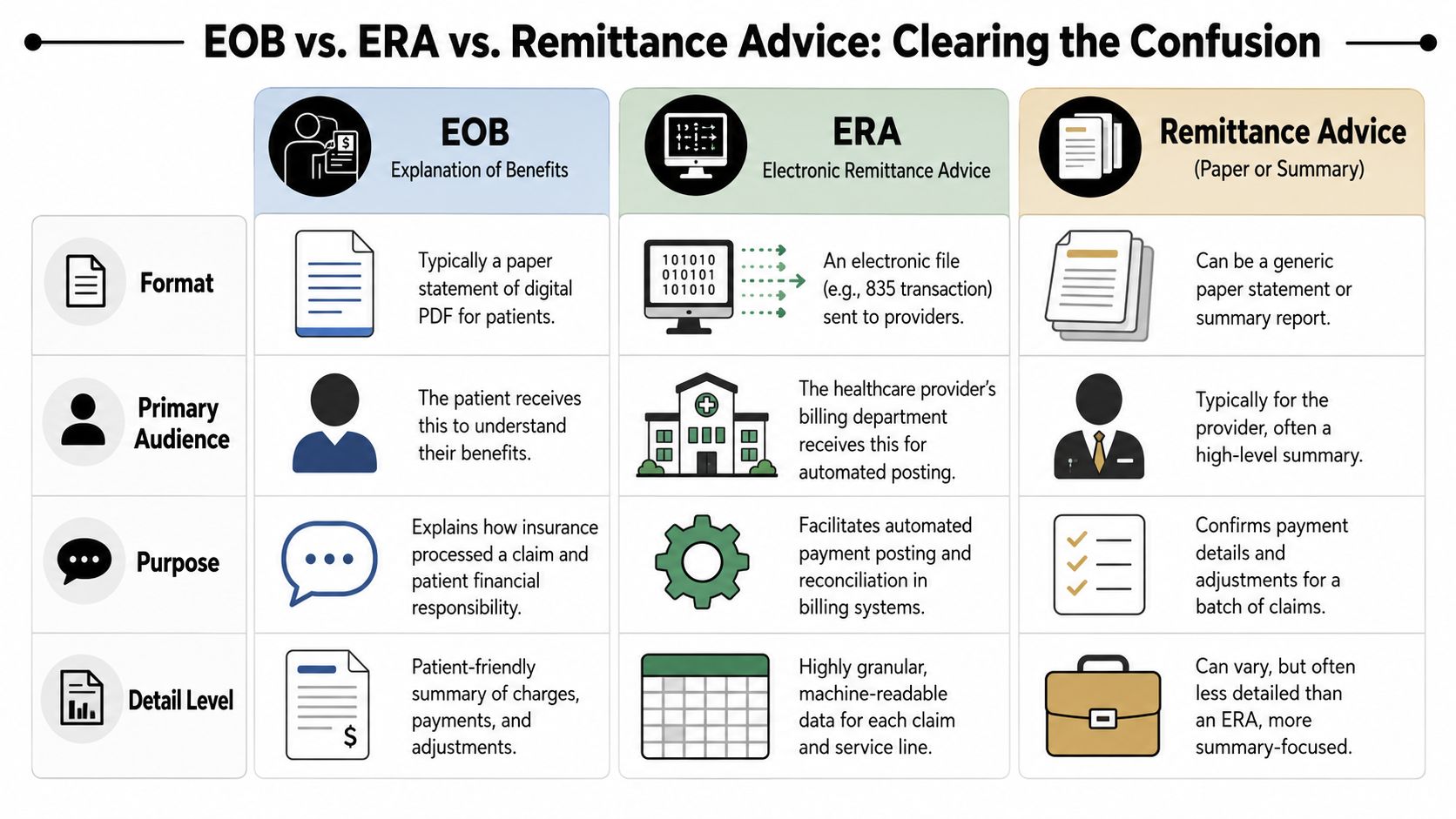 A comparison chart explaining the differences between EOB, ERA, and Remittance Advice in medical billing.