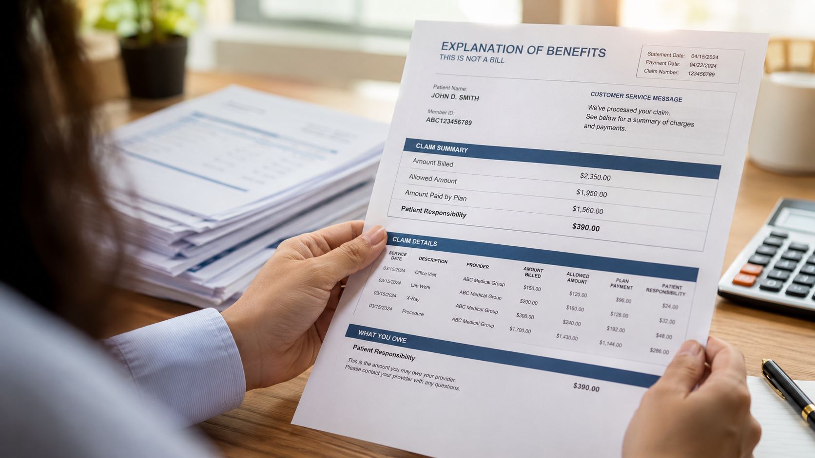 A person holding a medical explanation of benefits document while reviewing their healthcare insurance claim details.