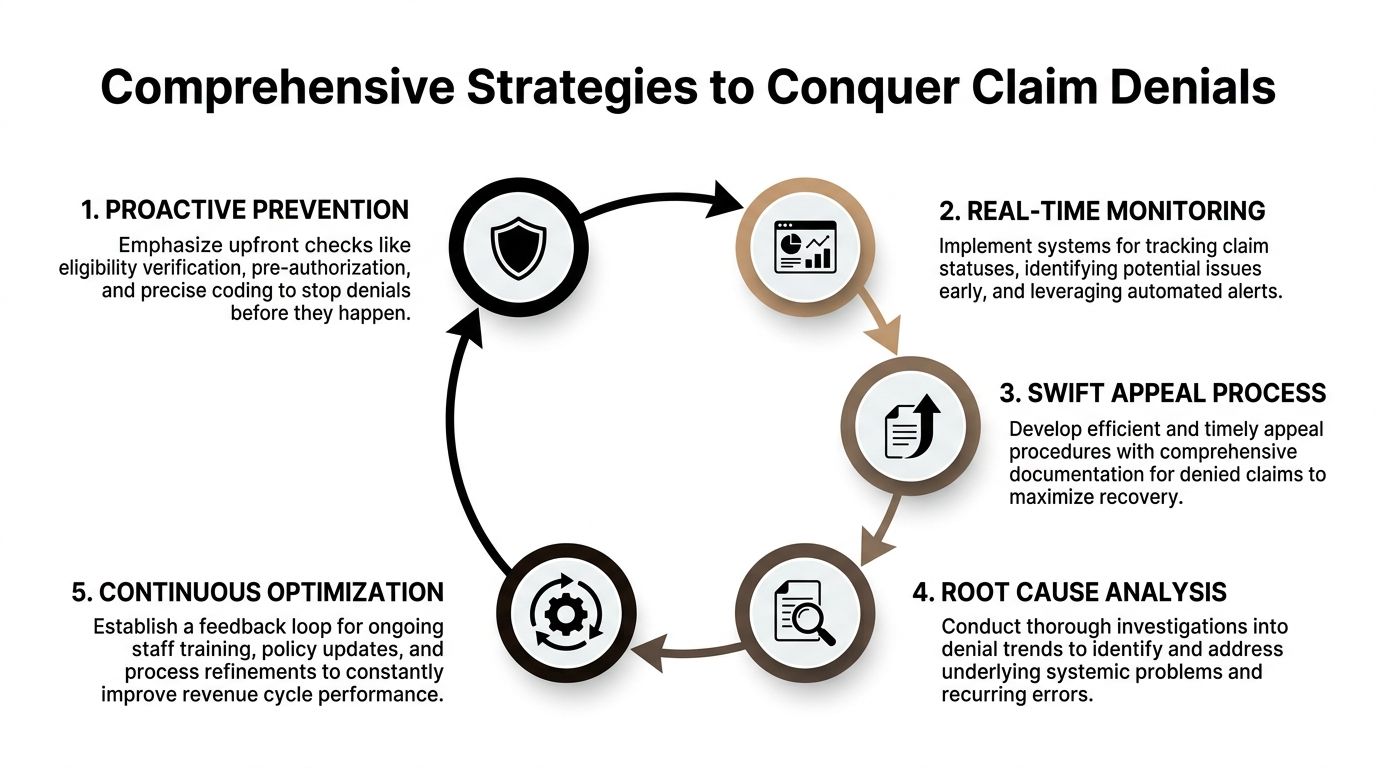 A circular diagram outlining five comprehensive strategies for healthcare providers to effectively manage and conquer claim denials.