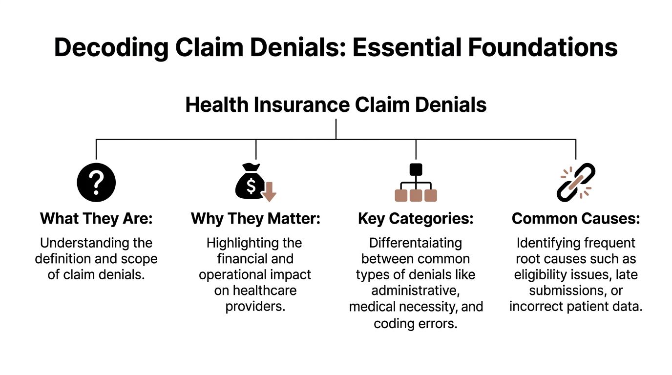 An infographic titled Decoding Claim Denials explaining definitions, impact, categories, and common causes of health insurance denials.