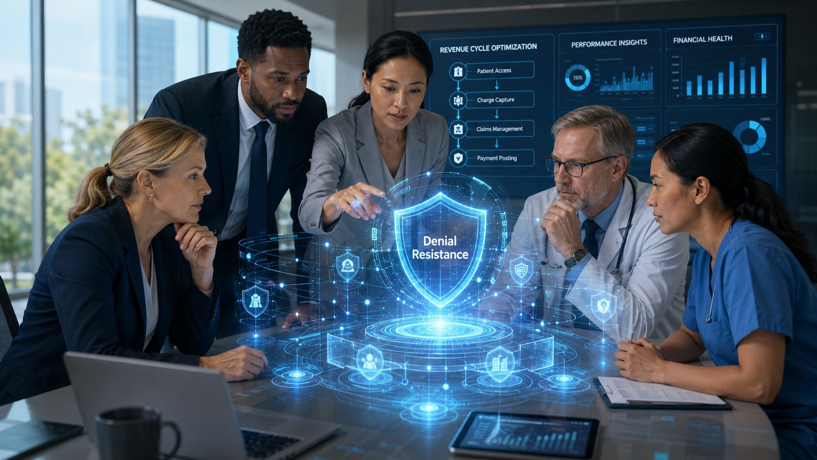 A diverse professional team in a conference room analyzing digital health insurance data on a glowing holographic display.