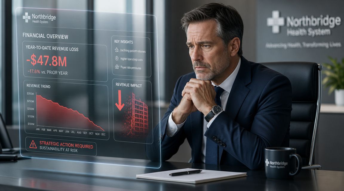 A concerned healthcare executive reviewing a digital financial dashboard showing significant revenue loss for Northbridge Health System.