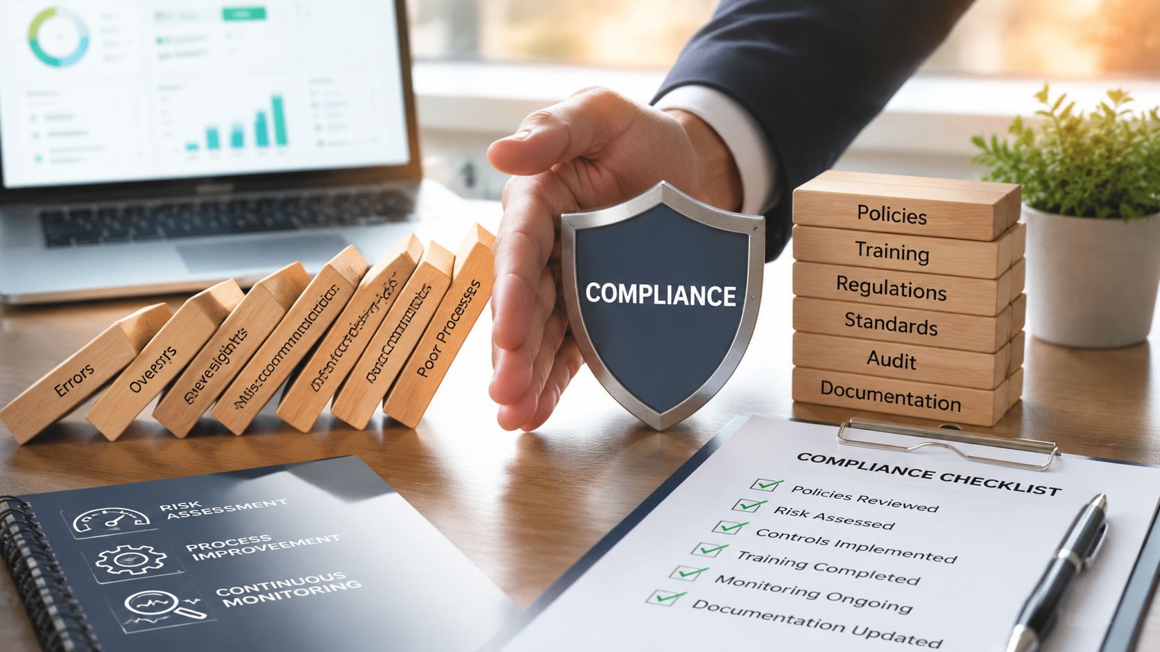 A professional hand protects compliance shield against falling dominoes representing risks near a healthcare compliance checklist.