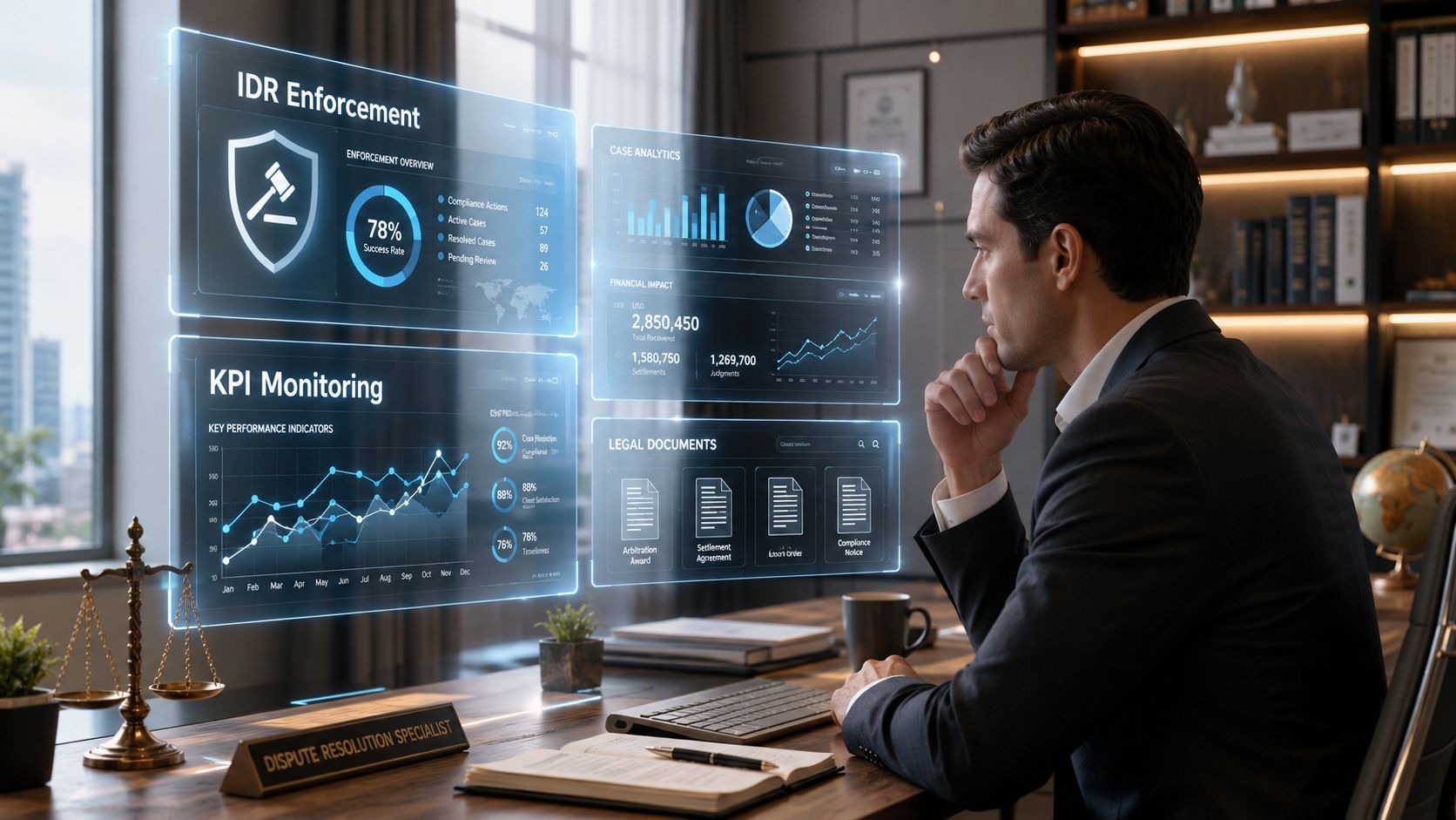 A professional man in a suit examining holographic business analytics and legal performance data in an office.