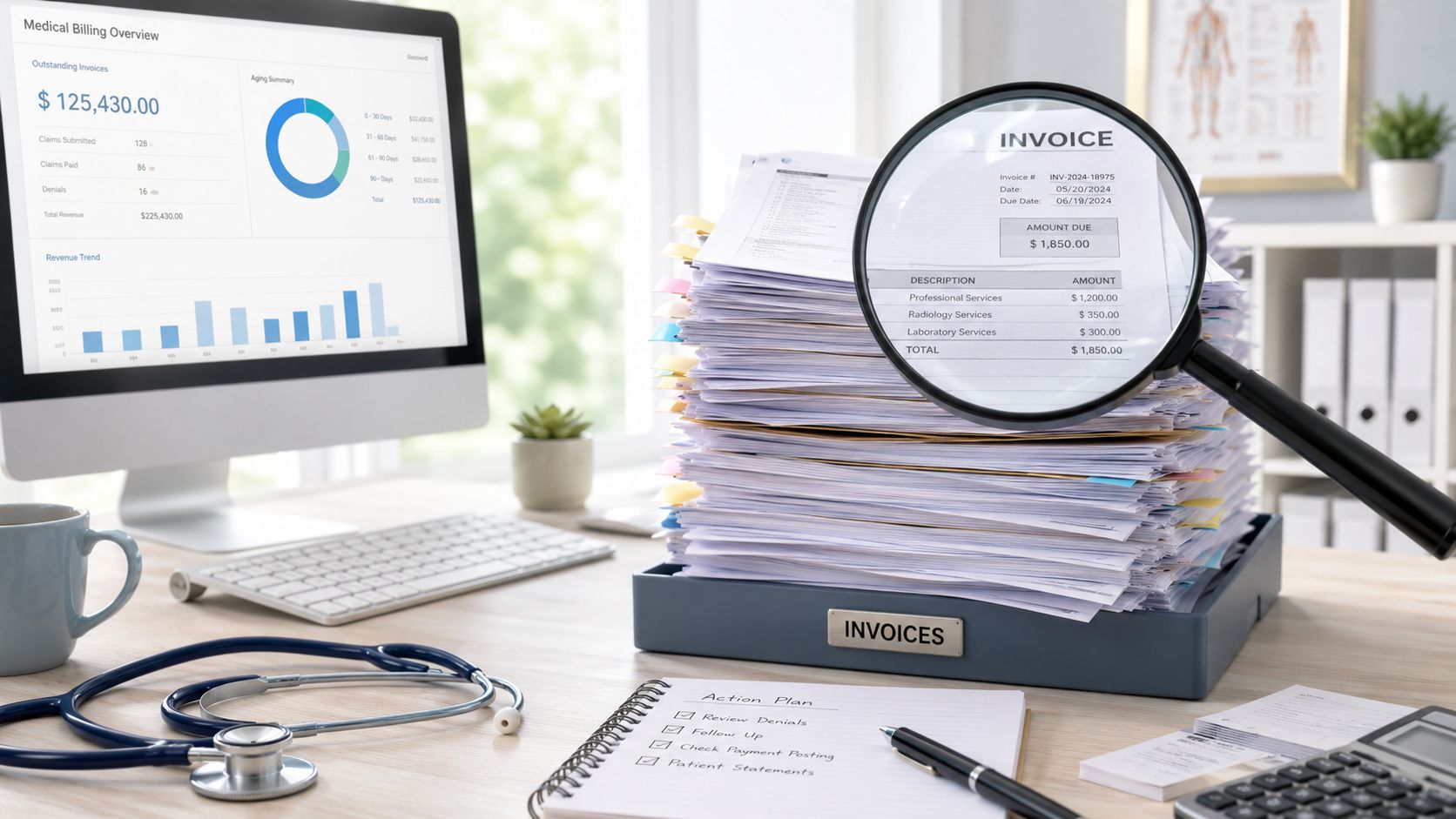 A professional medical billing workspace featuring a computer screen with financial data and a stack of invoices.