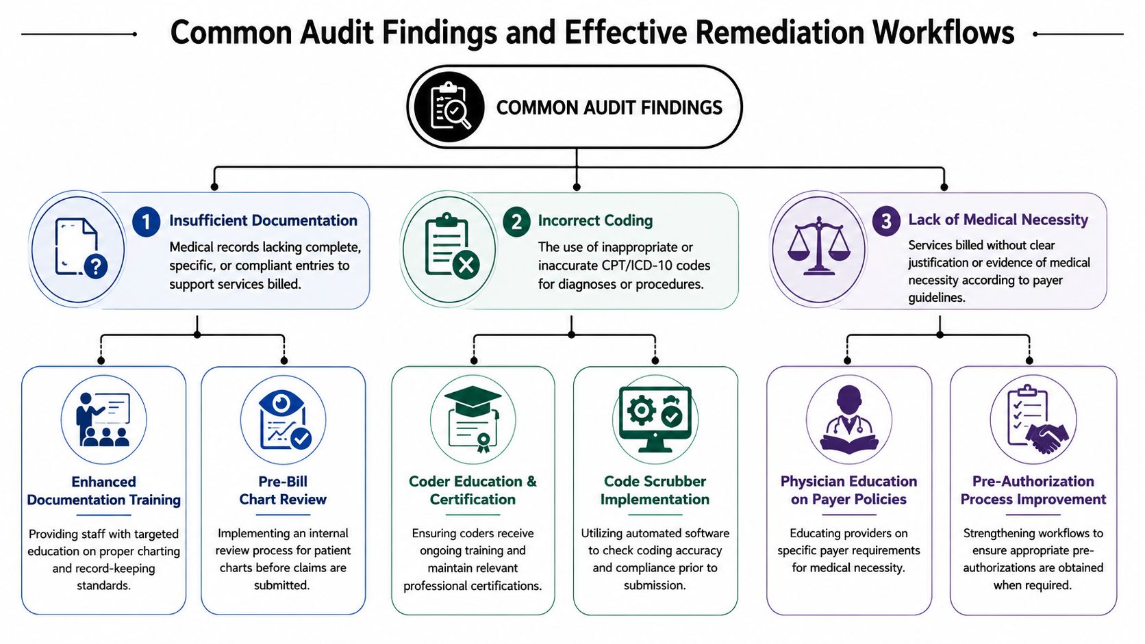 A flowchart showing common medical audit findings like insufficient documentation, incorrect coding, and lack of medical necessity.