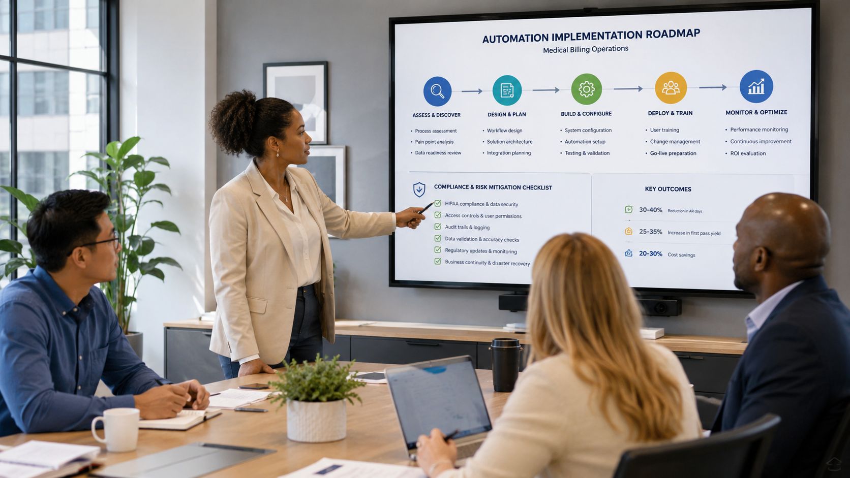 A professional woman presenting an automation implementation roadmap for medical billing operations to a diverse team.