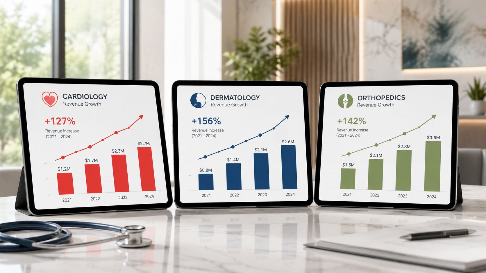 Three tablets displaying revenue growth charts for cardiology, dermatology, and orthopedics medical specialties on a desk.