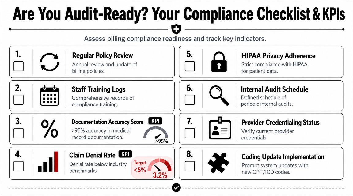 A compliance checklist for medical billing featuring eight key points including policies, training, and performance metrics.