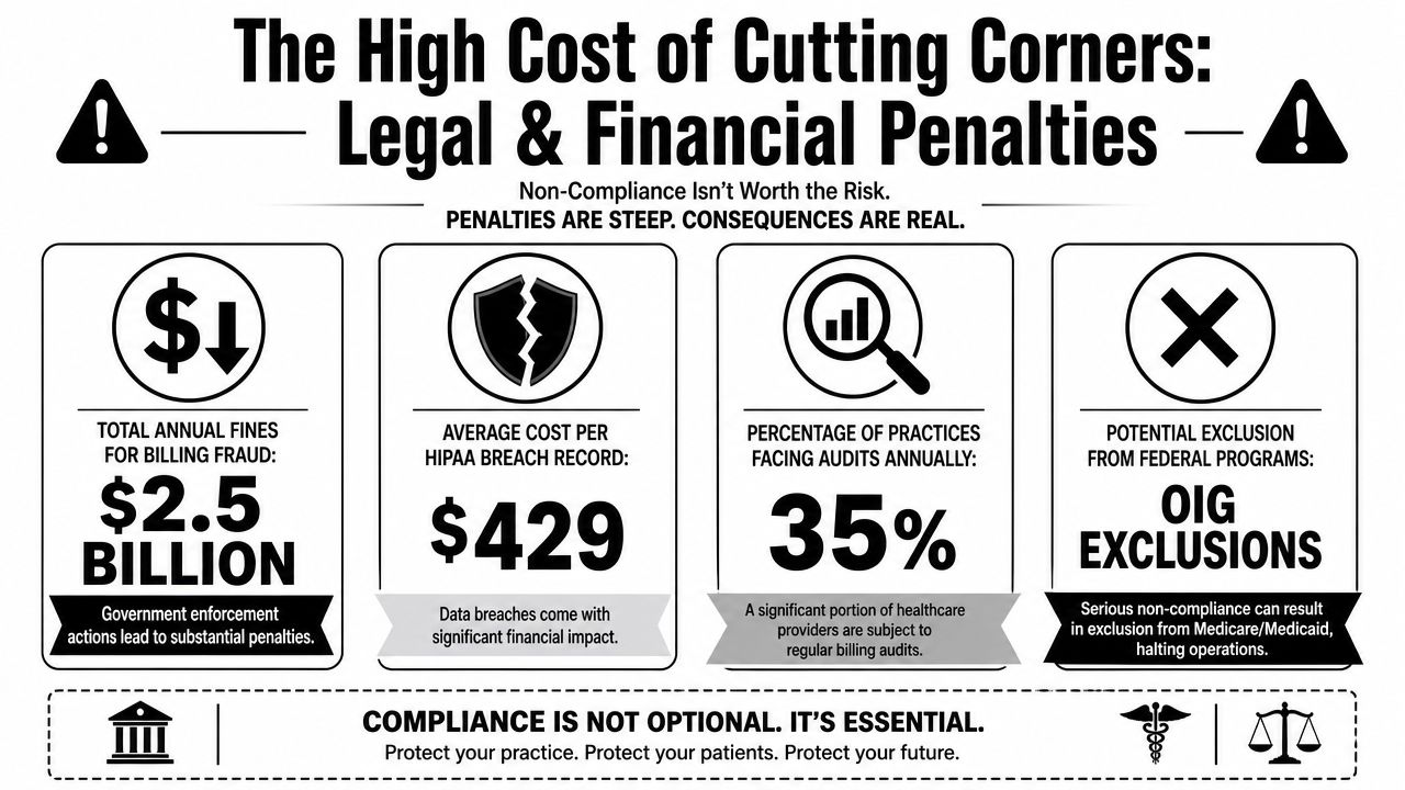 An infographic detailing the significant legal and financial penalties for medical billing non-compliance in healthcare practices.