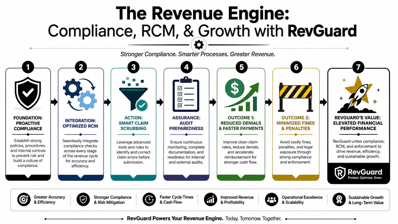 A seven-step infographic showing how RevGuard integrates compliance, revenue cycle management, and financial growth strategies.