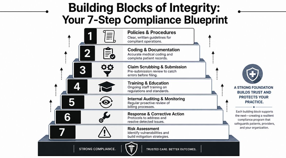 A pyramid diagram showing the 7-step medical billing compliance blueprint for healthcare organizations and medical practices.