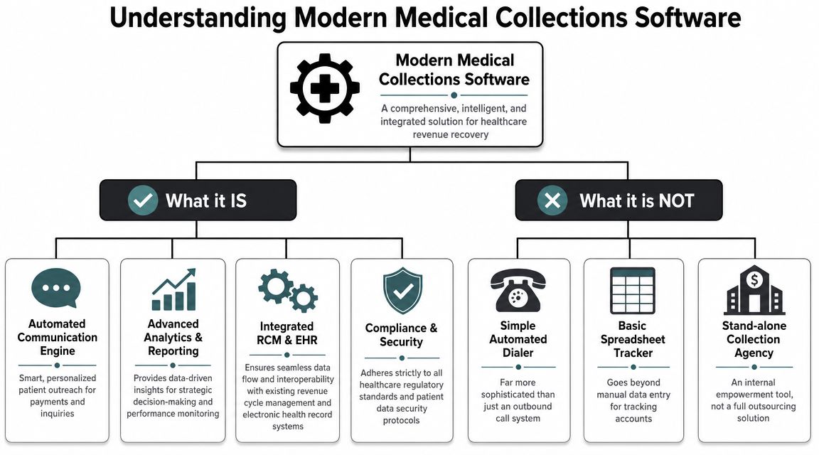 An infographic defining modern medical collections software by comparing its key features to what it is not.