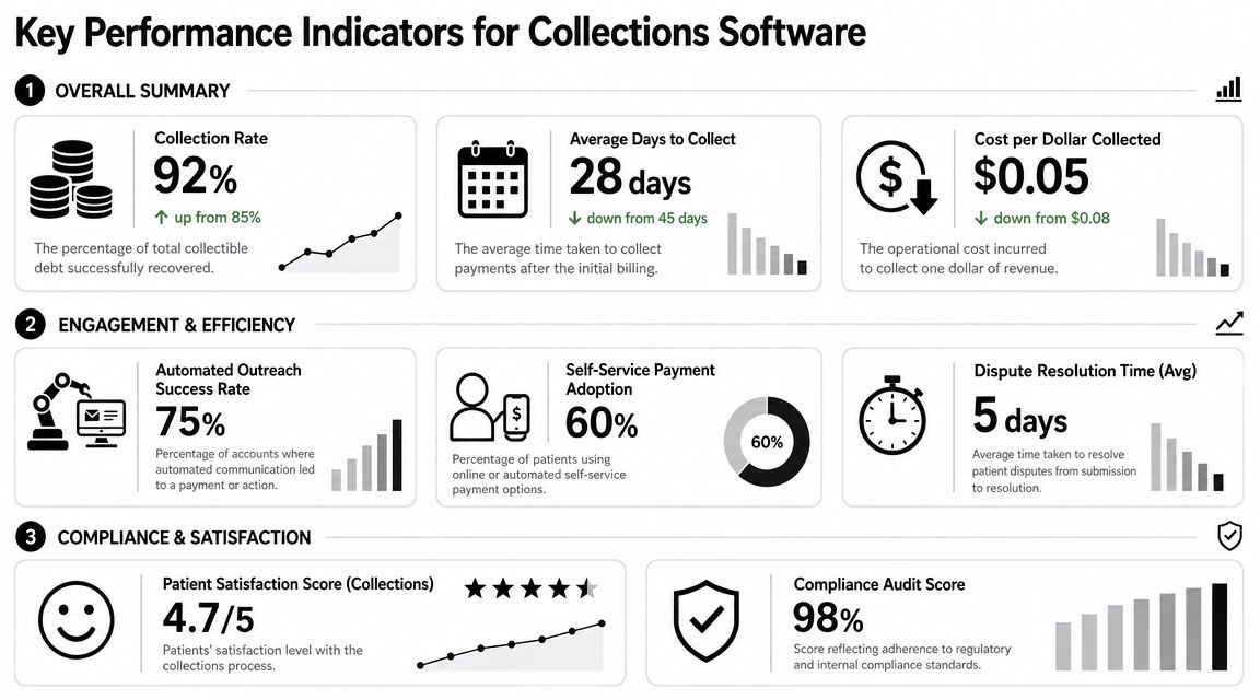 An infographic showing key performance indicators for healthcare collection software including metrics for efficiency, compliance, and satisfaction.
