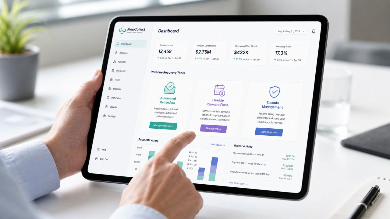 A professional using a tablet to navigate the MedCollect dashboard for tracking and managing medical billing accounts.