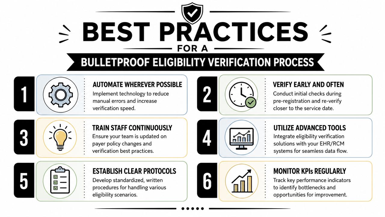 An infographic showing six best practices for a bulletproof medical eligibility verification process in healthcare administration.