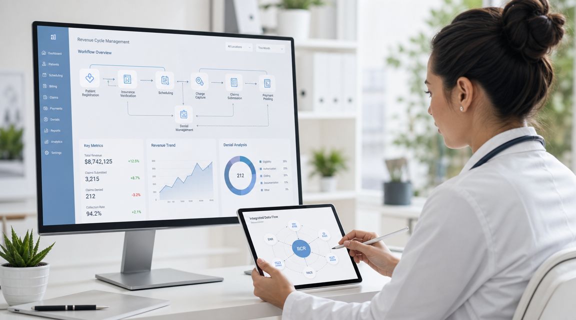 A healthcare professional analyzing medical revenue cycle management data on a computer monitor and tablet.