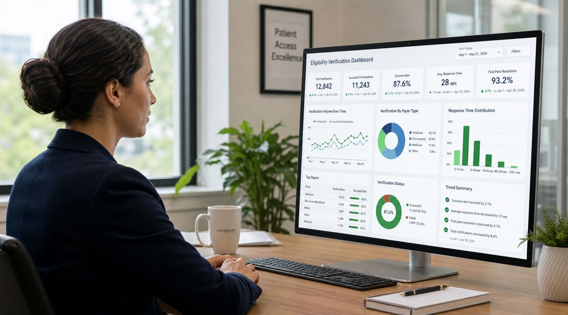 A professional woman viewing medical eligibility verification data on a computer dashboard in a bright office.