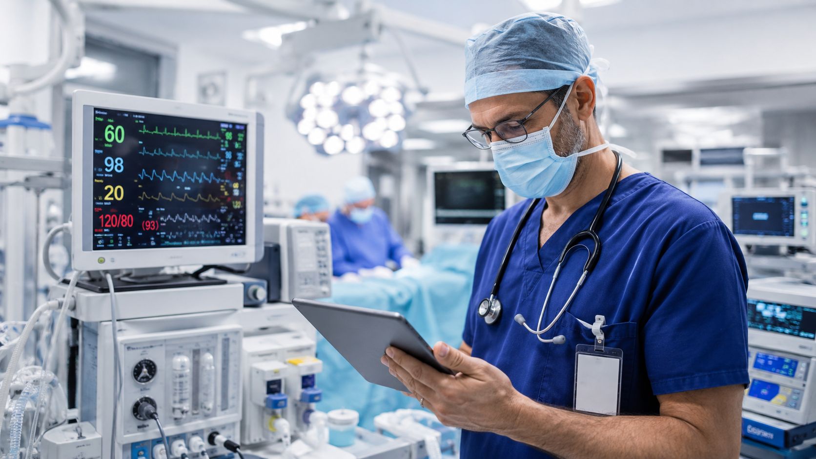 A professional doctor wearing blue scrubs and a face mask reviews medical data on a digital tablet.
