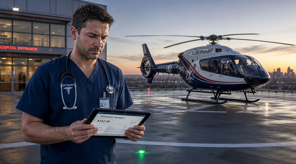A healthcare professional checking a tablet for transport payment on a hospital helipad with an air ambulance.