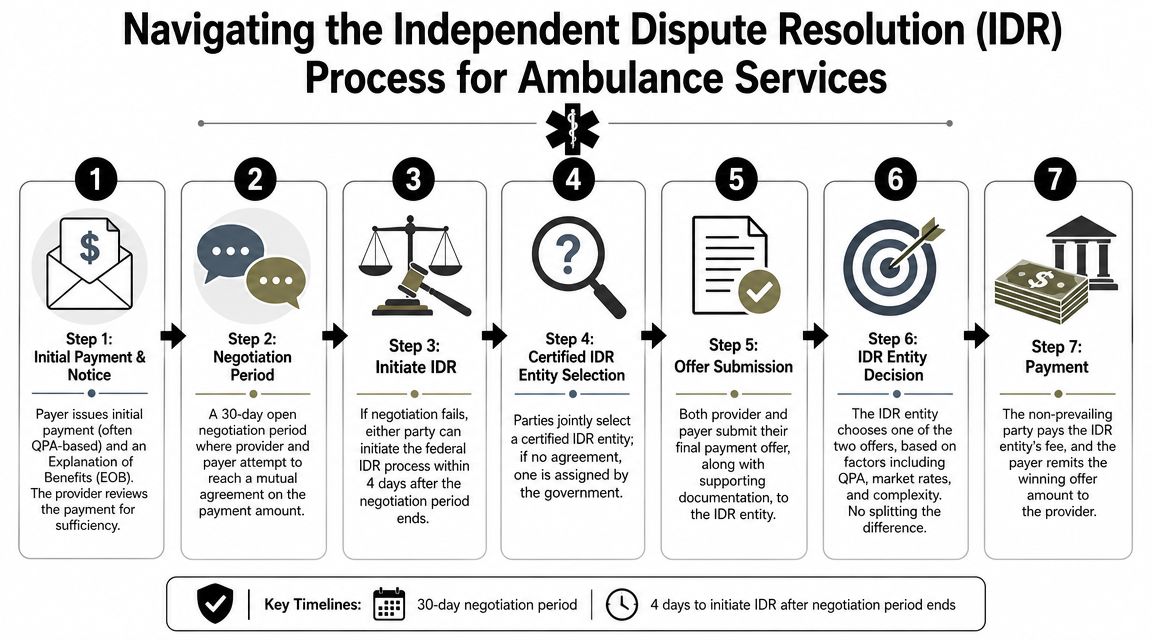 A seven-step infographic detailing the federal Independent Dispute Resolution process for settling ambulance service payment disputes.