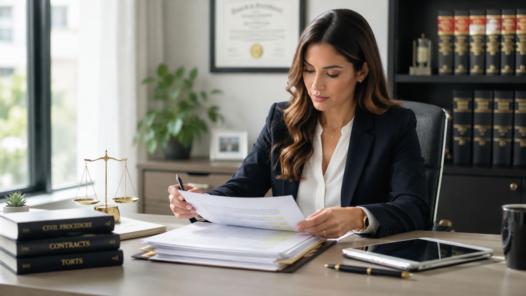 A professional female attorney reading and reviewing legal documents in her well-organized law office.