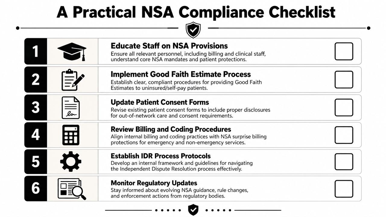 A six-step checklist for healthcare providers detailing key compliance tasks for the No Surprises Act regulation.