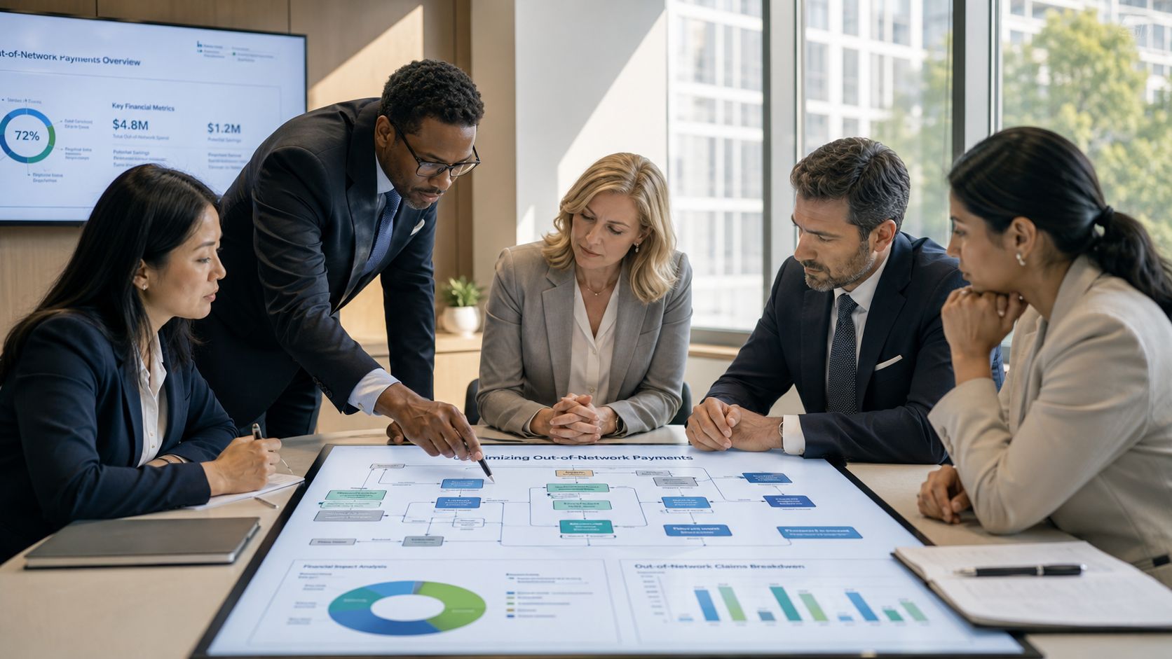 A professional team collaborates on strategy to optimize out of network payments in a modern conference room.
