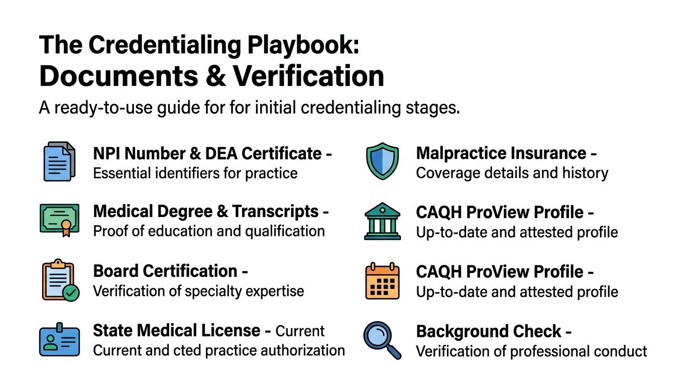 A checklist infographic titled The Credentialing Playbook listing essential medical documents required for provider credentialing and verification.