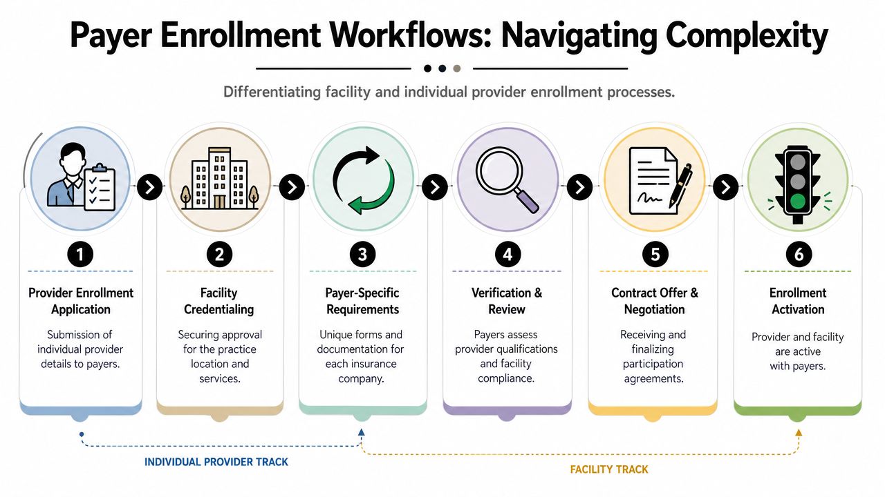 A diagram illustrating the six-step payer enrollment workflow for individual providers and medical facilities.