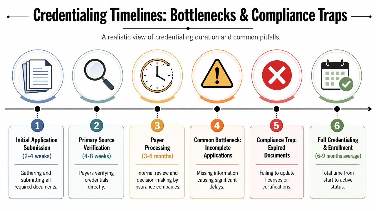 A timeline graphic illustrating the stages, common bottlenecks, and compliance traps in the healthcare provider credentialing process.