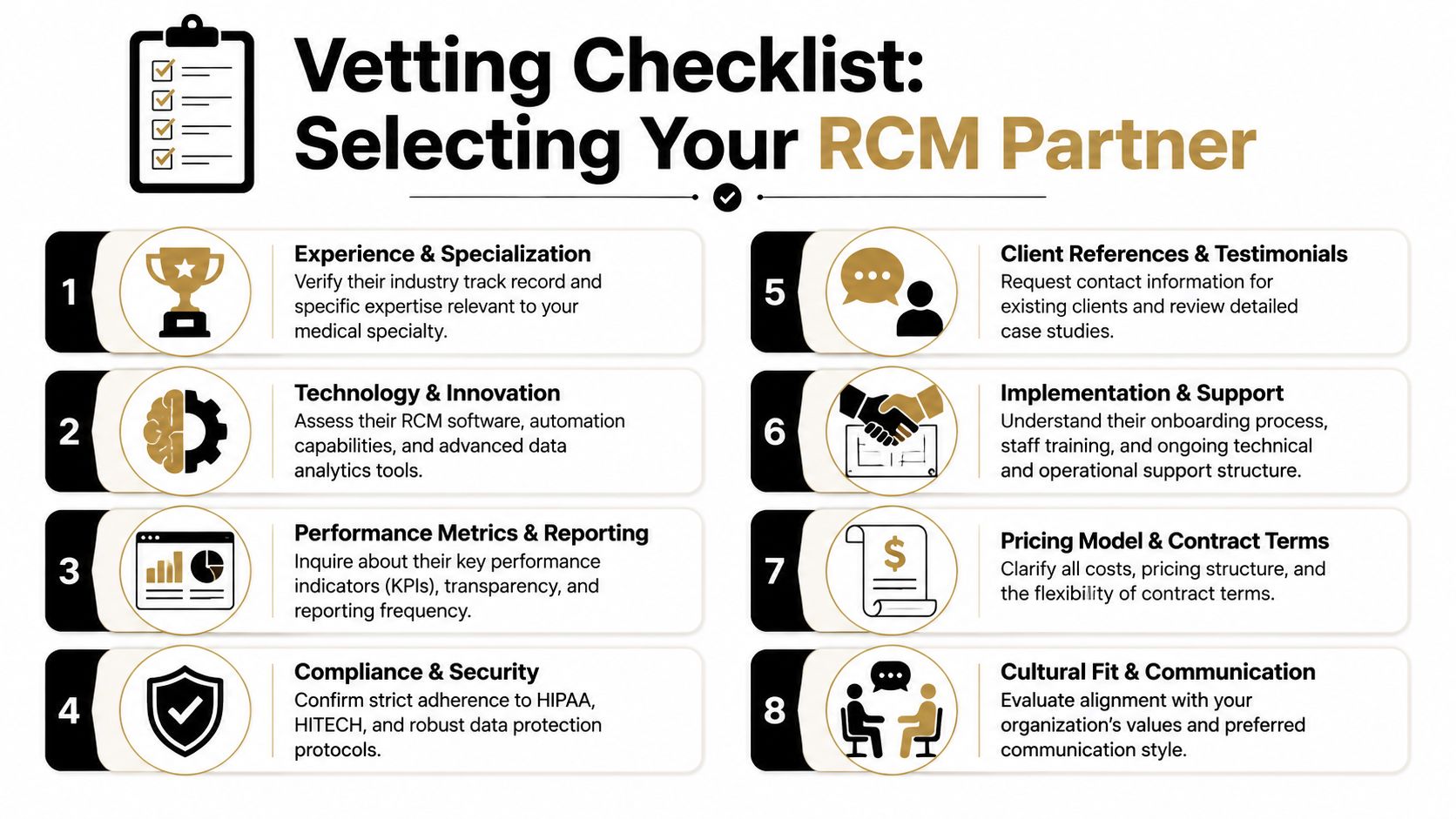 An infographic checklist for selecting a revenue cycle management partner featuring eight essential evaluation criteria.
