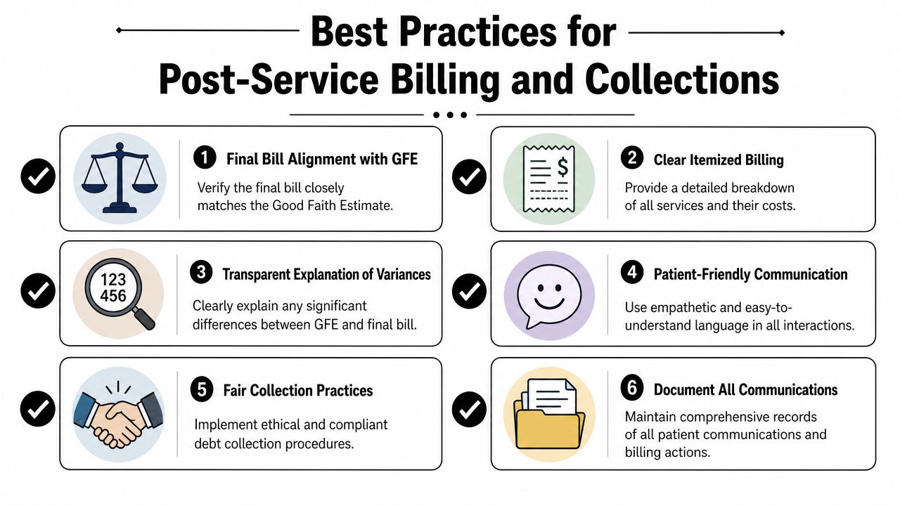An infographic detailing six best practices for managing post-service medical billing and patient collections.