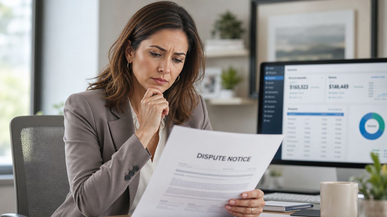 A concerned professional woman reviewing a formal dispute notice document at her office desk.