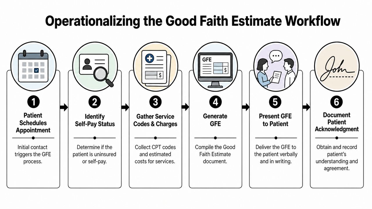 A six-step flow chart illustrating the process of operationalizing a Good Faith Estimate for self-pay patients.