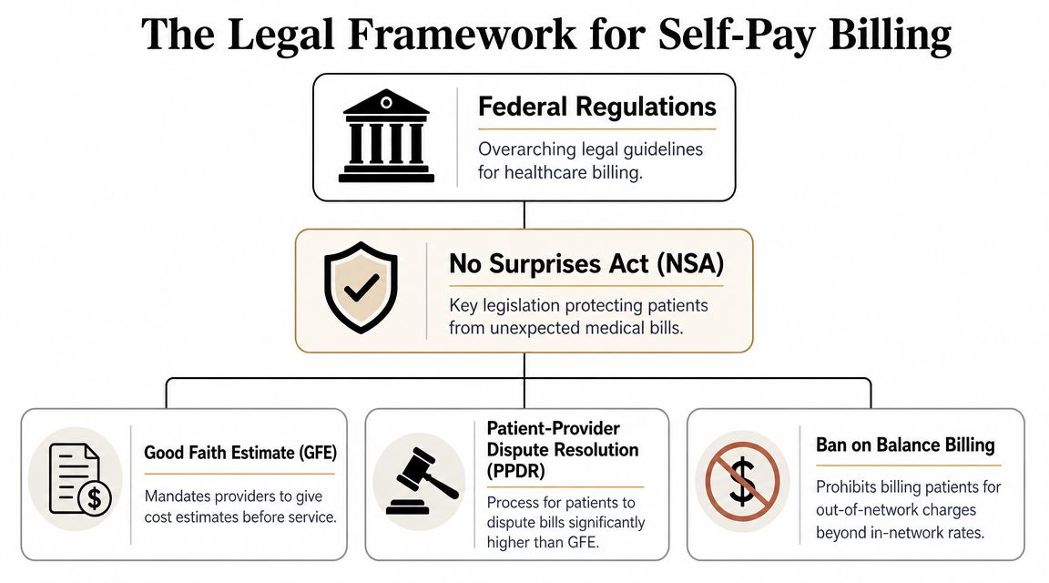 A diagram outlining the legal framework for self-pay billing, including the No Surprises Act and its components.