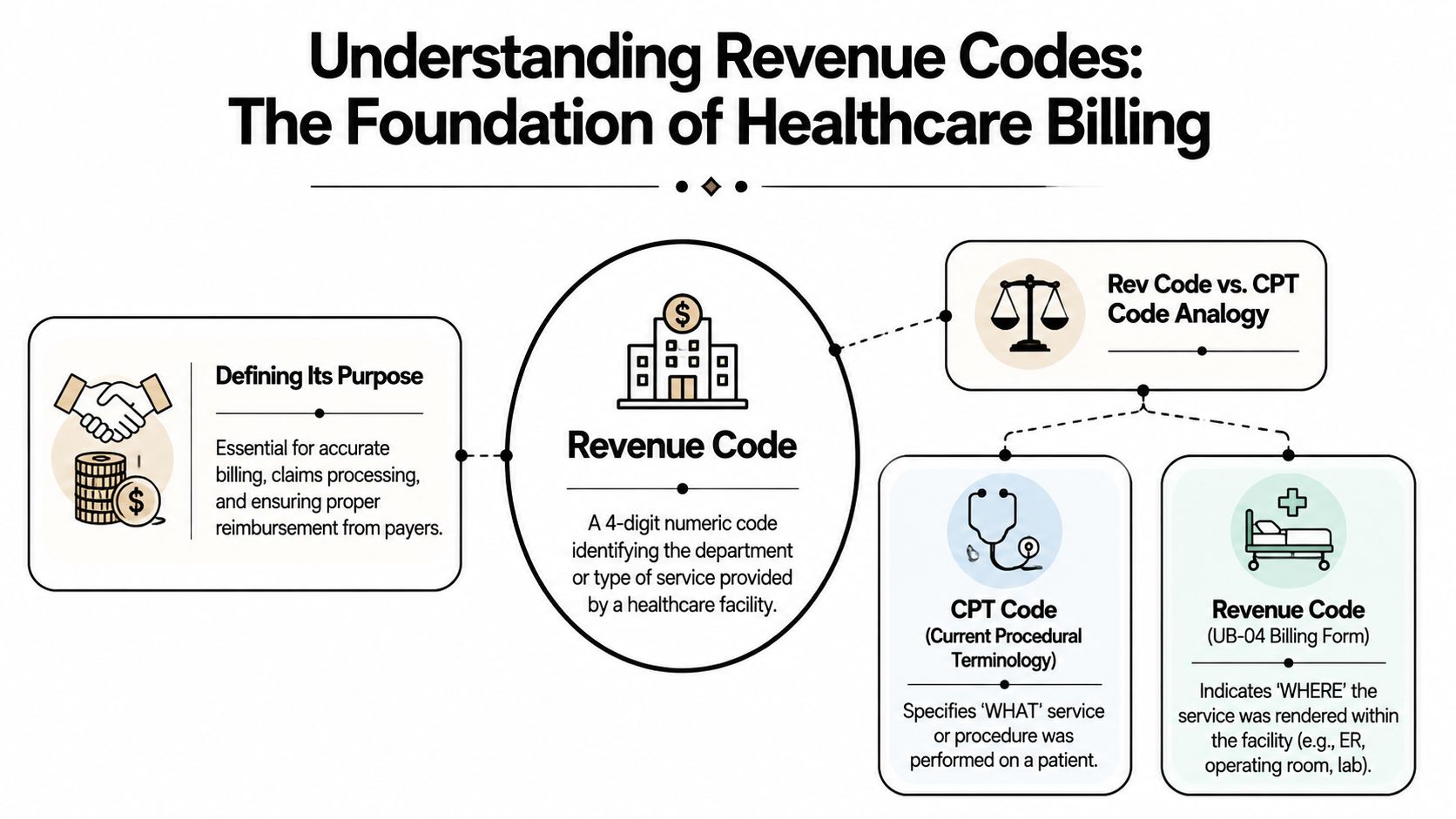 An infographic explaining healthcare revenue codes, their purpose, and the difference between CPT and revenue codes.
