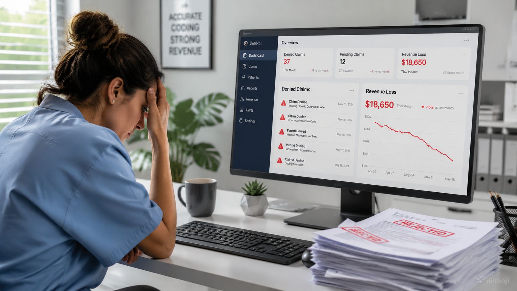 A stressed healthcare worker sits at a desk in front of a computer showing denied medical claims.