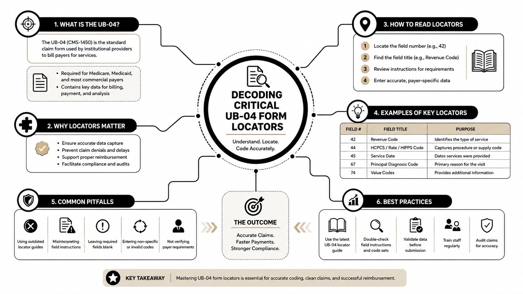 An infographic showing the purpose, importance, and best practices for decoding critical UB-04 form locators.