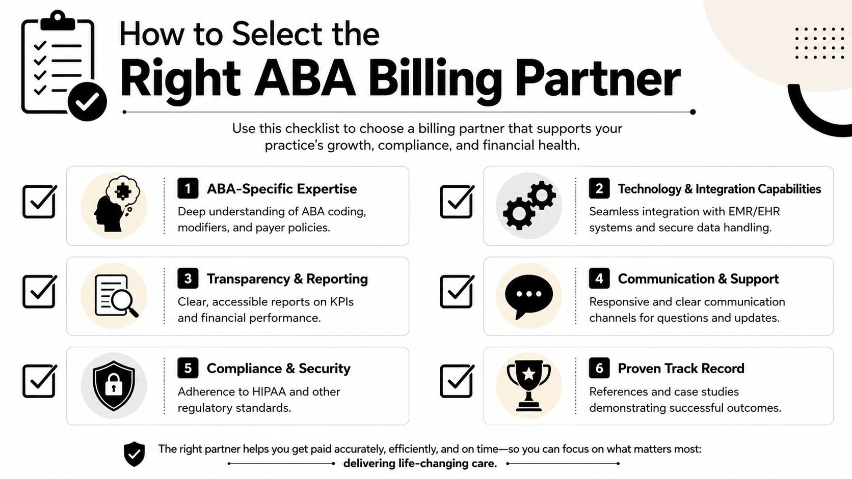 A checklist infographic illustrating six key criteria for selecting the best professional ABA therapy billing service provider.