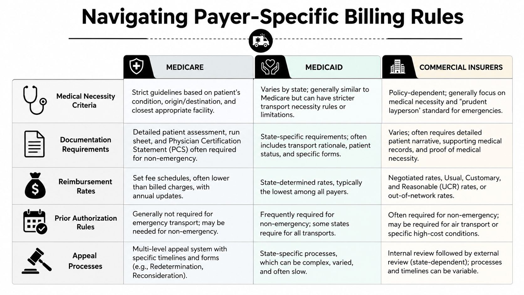 A comparison chart outlining billing rules for Medicare, Medicaid, and commercial insurers regarding ambulance transport services.