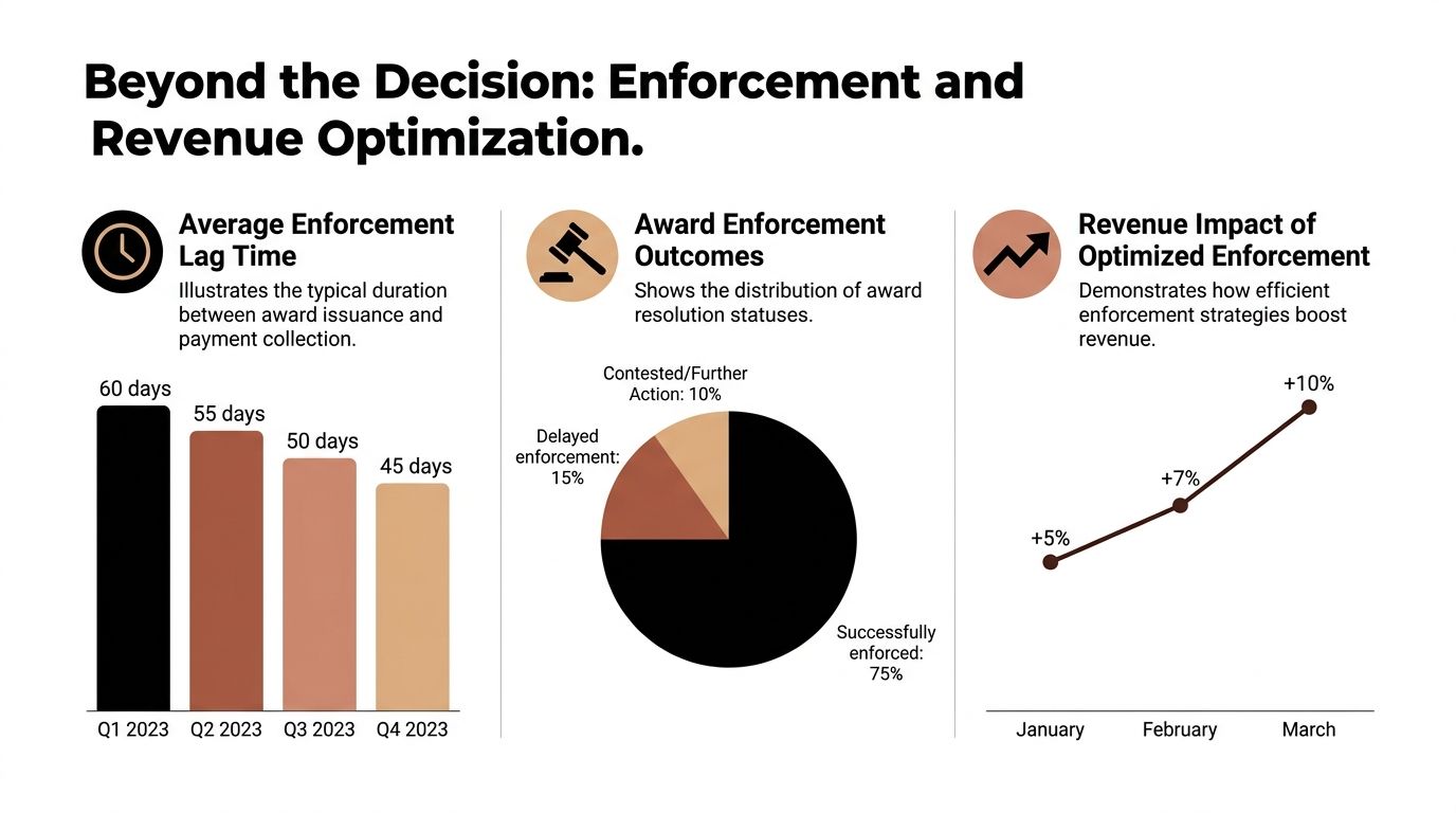 An infographic showing the arbitration enforcement process, including lag times, resolution outcomes, and revenue optimization impact.