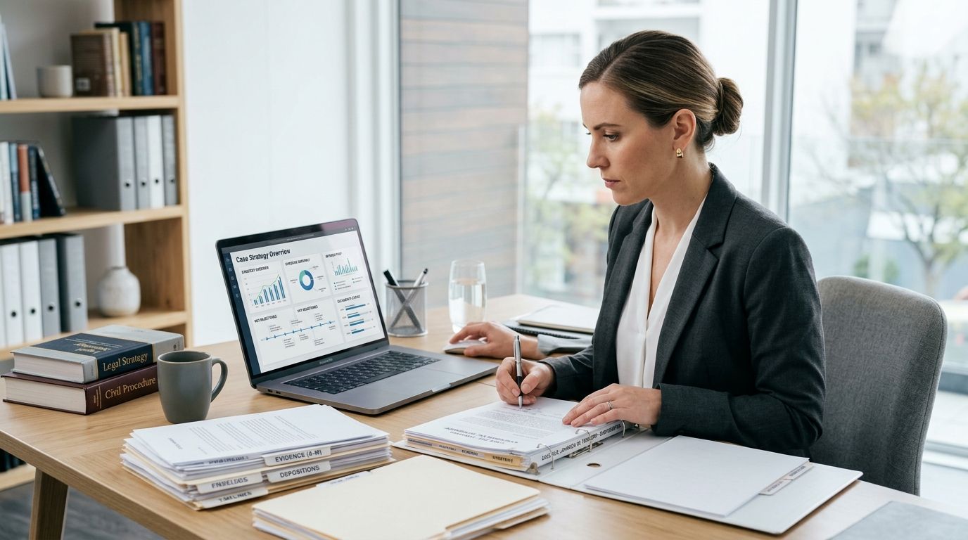 A professional female attorney working on legal documents and reviewing a case strategy dashboard on a laptop.